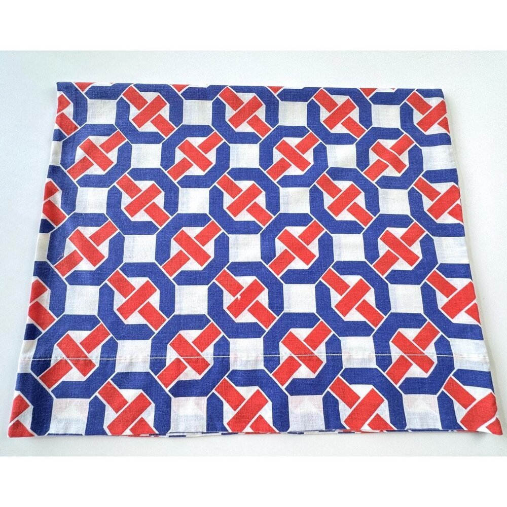 Vintage 70s pillowcase, blue red geometric groovy pattern, Sears single casing